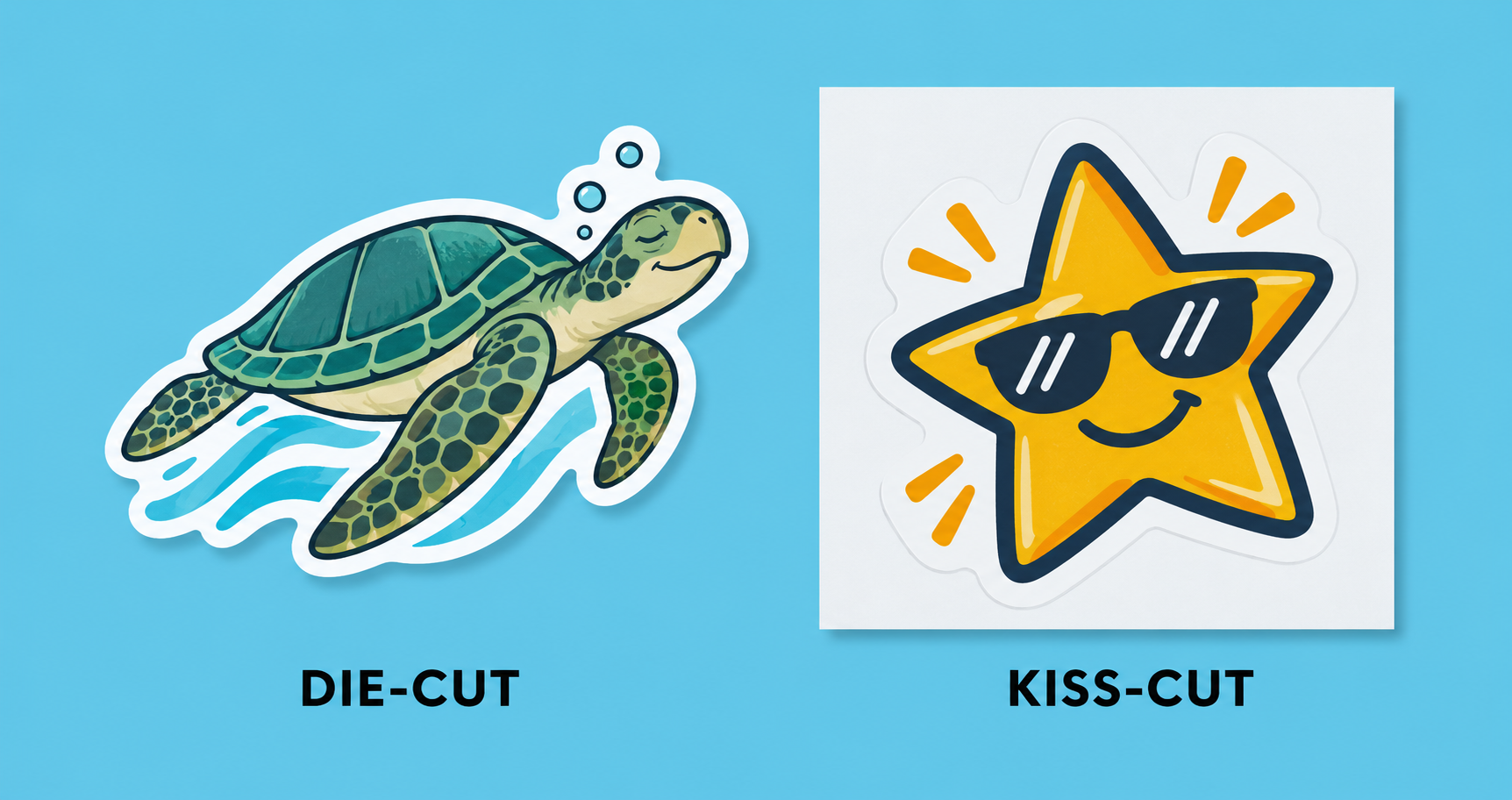 Kiss-cut et découpe traversante : comparaison visuelle Comparaison entre une découpe kiss-cut, où les pièces restent sur un liner continu, et une découpe traversante, qui libère des pièces séparées