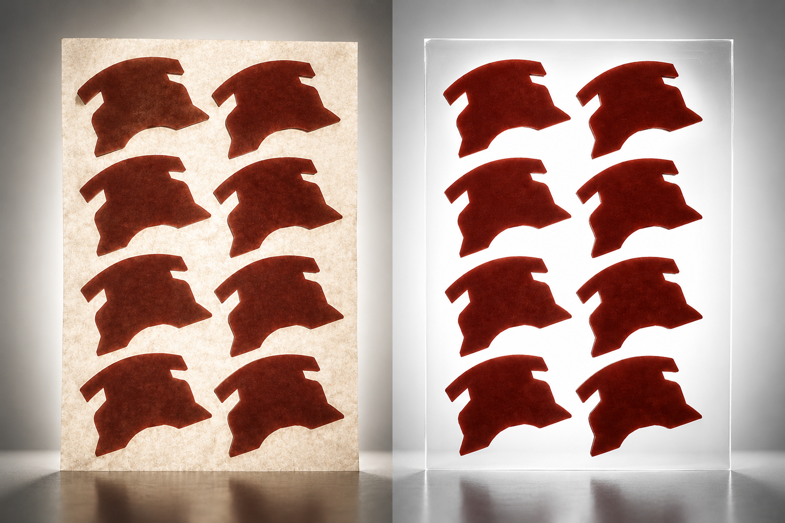Papier siliconé et film polyester : comparaison Comparaison entre un liner papier siliconé translucide et un liner polyester transparent sur une même pièce découpée